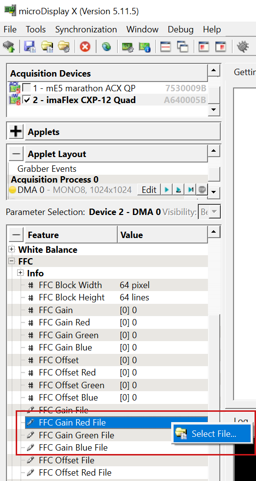 在 microDisplay X 中載入用於 Flat-Field Correction 的 Offset 與 Gain 值 在 microDisplay X 中載入用於 Flat-Field Correction 的 Offset 與 Gain 值
