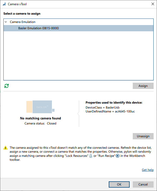 「相機 vTool」對話方塊:未找到相符的相機 「相機 vTool」對話方塊:未找到相符的相機