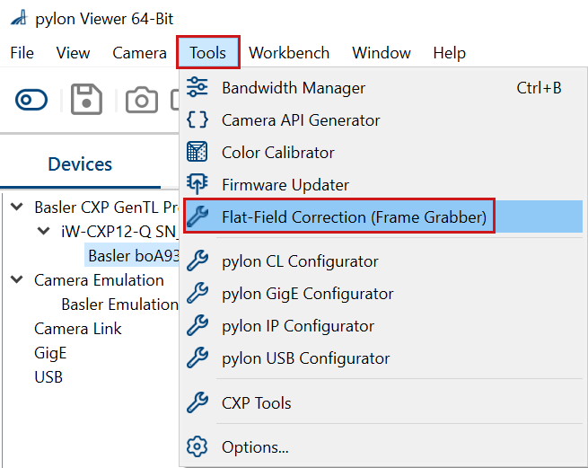pylon Viewer:啟動 Flat-Field Correction 外掛程式 pylon Viewer:啟動 Flat-Field Correction 外掛程式