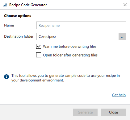 Recipe Code Generator 視窗 Recipe Code Generator 視窗