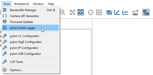 Tools 選單中的 pylon Event Logger Tools 選單中的 pylon Event Logger